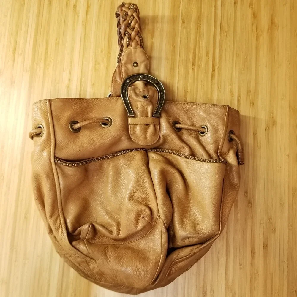 Vtg Betsey Johnson Leather Horseshoe‎ Bucket Bag Brown Y2K Western Cowgirl Hobo